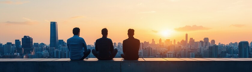 Fototapeta premium Three friends enjoy a stunning sunset view over the city skyline, capturing moments of friendship and tranquility.
