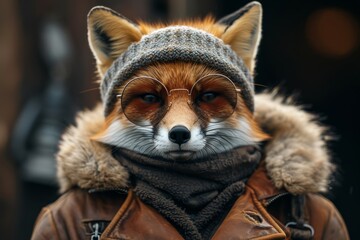 Obraz premium Close up of a fox wearing a jacket and sunglasses, walking confidently