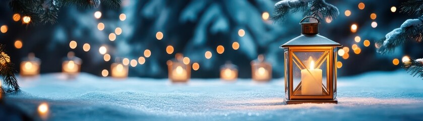 A lantern glows in the snow with a soft warm light, surrounded by a blurred background of winter trees.