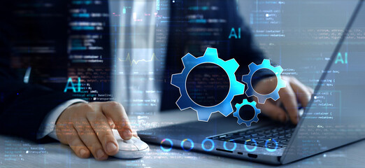 Software apps developer and IT revolution.Digital software development.Javascript and digital...