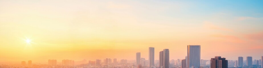 Fototapeta premium Empty Rooftop View, Cityscape in Sunset, Pastel Sky