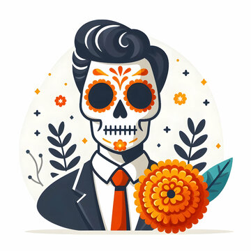 recommend clip art: Flat Calavera and Marigold Isolated Vector concept as A vector illustration of a calavera paired with a marigold flower both isolated on a white background. The design uses clean lines to emphasize th