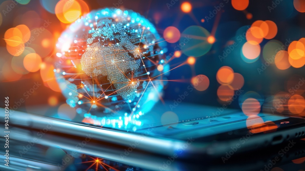 Poster technology virtual global internet connection on smartphone , business internet connection to big da
