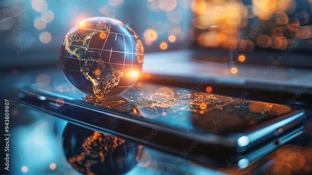 Poster technology virtual global internet connection on smartphone , business internet connection to big da