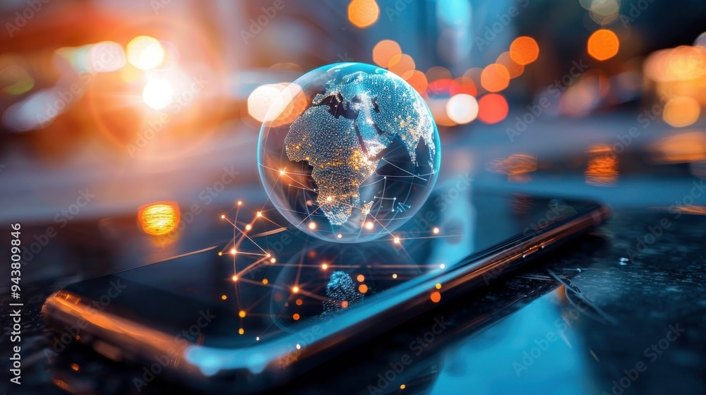 Poster technology virtual global internet connection on smartphone , business internet connection to big da