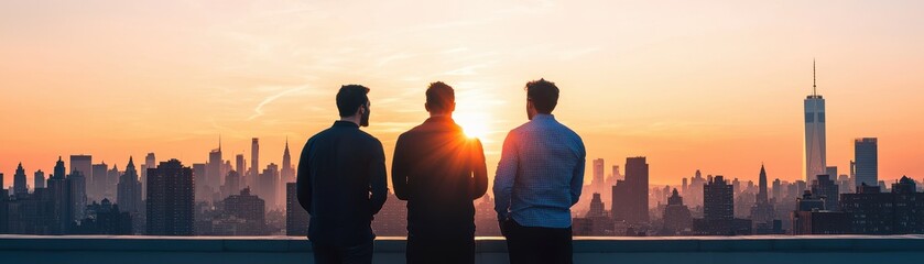 Fototapeta premium Three friends enjoy a stunning sunset view over the city skyline, capturing a moment of friendship and serenity.
