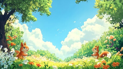 Whimsical Cartoon Park: Blooming Flowers, Playful Squirrels, Sunny Skies