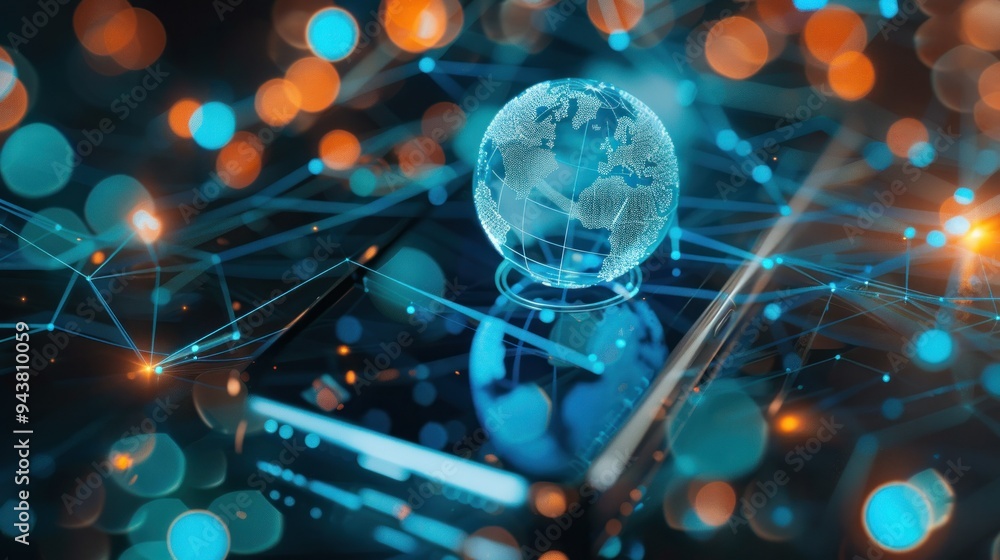 Poster technology virtual global internet connection on smartphone , business internet connection to big da