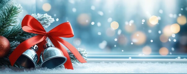 Red bow and jingle bells on snowy window sill with bokeh background