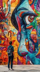 Fototapeta premium A person admires a vibrant street art mural featuring an expressive face and colorful patterns in an urban setting.