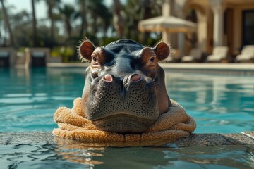 Fototapeta premium A hippopotamus relaxes on top of a towel in a pool of water