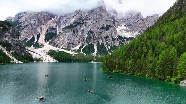 Aerial View of lago di Baries Dolomites Italy