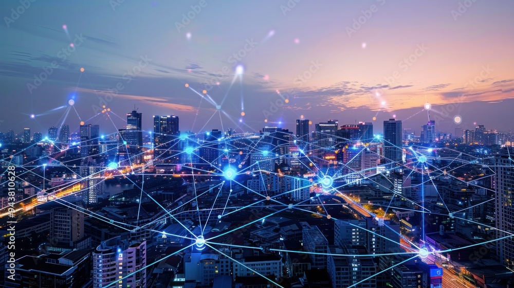 Poster the modern creative communication and internet network connect in smart city . concept of 5g wireles