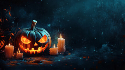 Obraz premium A spooky jack-o'-lantern with glowing eyes and a mischievous grin lights up the darkness. The sinister look and contrasting light and shadow enhance the creepy, unsettling mood.