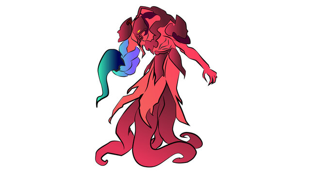 recommend clip art: A graceful octopus in a red dress dances against a red and green background, with a silhouette style featuring floral and heart symbols, evoking beauty and elegance