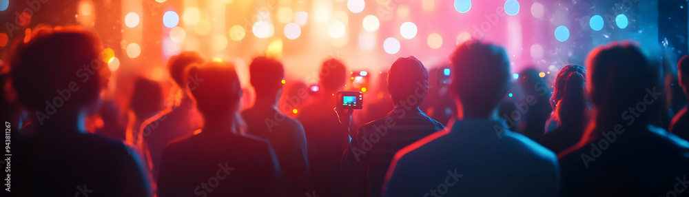 Aufkleber people with glowing projectors and joyful expressions concept as a group of people using glowing pro