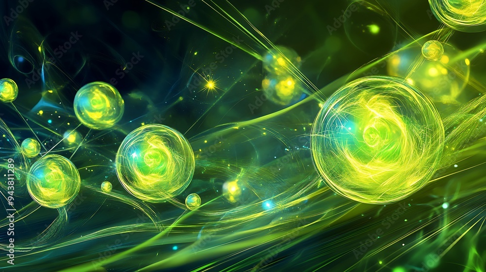 Poster bright neon dreams - electric green abstract background with dynamic lines and pulsating orbs, digit