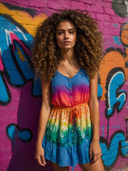 Fototapeta premium A young woman with curly hair wearing a colorful boho dress, posing against a vibrant graffiti wall.