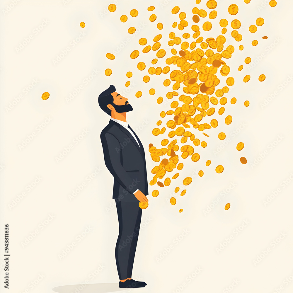 Poster person showered in coins concept as a person being showered in gold coins with a clean background pr