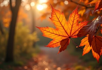 Fototapeta premium Golden Autumn Maple Leaf on Forest Path Wallpaper
