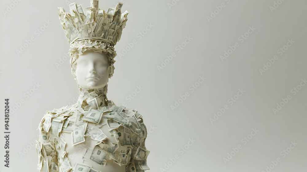Poster 3d icon person with money crown concept as a person wearing a crown made of money set against a clea