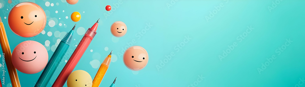 Aufkleber people with floating pens and joyful faces concept as a group of people using floating pens with joy