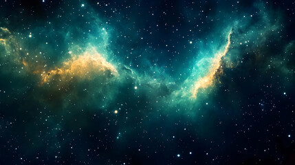 Abstract nebula with a dark blue background, filled with light yellow and green dust clouds and white stars.