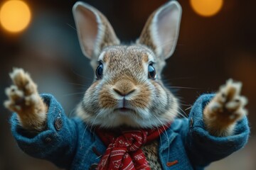 A close-up view of a stuffed rabbit wearing a scarf