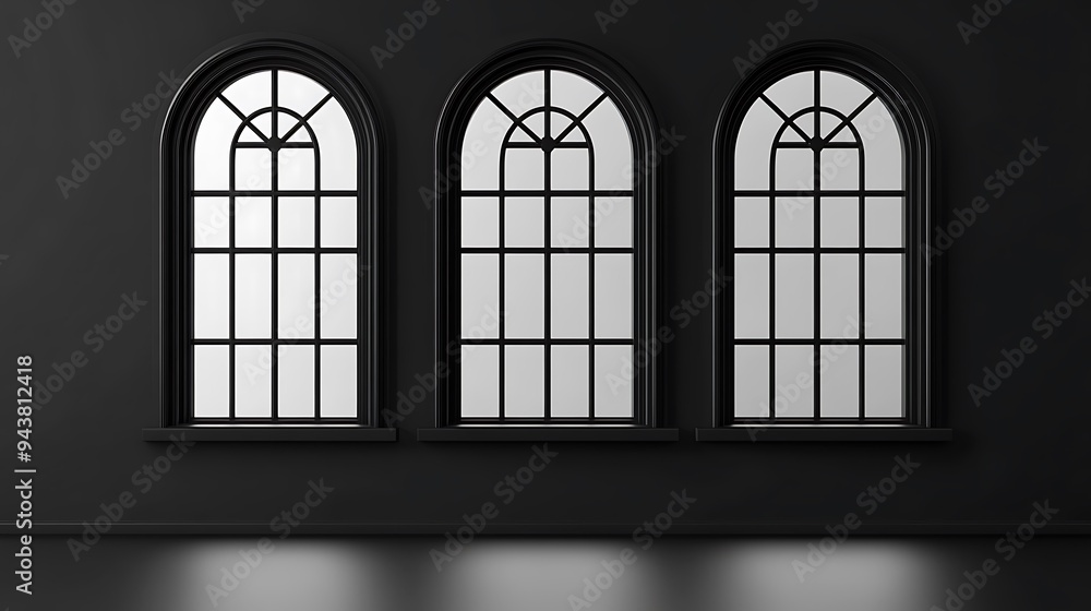 Poster modern minimalist 3d arched windows with black frames on dark background - vector design in white co