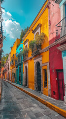 Fototapeta premium Colorful Colonial Street in San Miguel de Allende, Mexico on a Sunny Day