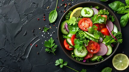 A beautifully arranged herb-infused salad with parsley, cilantro, basil, and crunchy vegetables, drizzled with lemon dressing, placed in a dark bowl on a dark background,