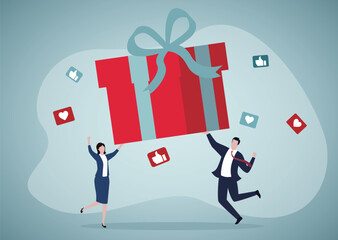 Happy business people hold gift box. Colleagues in jump with prize. Loyalty program, cash back, reward. Gift or reward for best employees of the month or regular customer. Surprise for love couple.