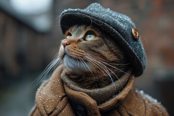 A realistic cat wearing a coat and a hat, standing confidently