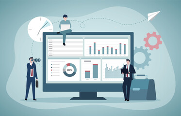 Stock market, financial analysis. Business analyst working. Profit, Revenue Forecast. Businesspeople trade in financial markets. Male boss investor. Trendy style background. Vector illustration