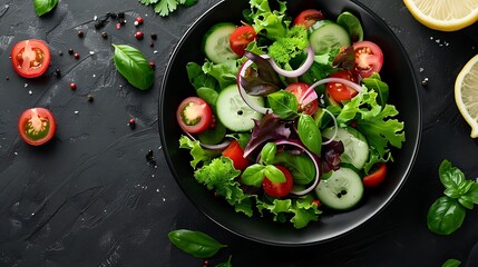 A beautifully arranged herb-infused salad with parsley, cilantro, basil, and crunchy vegetables, drizzled with lemon dressing, placed in a dark bowl on a dark background,