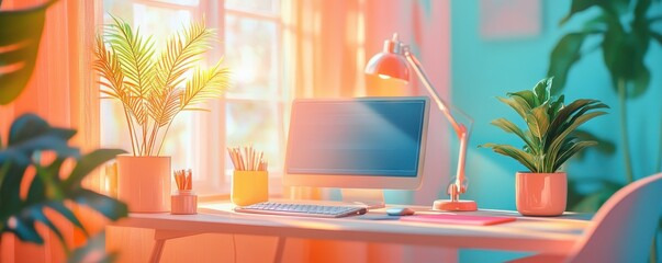 A bright and colorful workspace with motivational messages, emphasizing productivity and cheerfulness