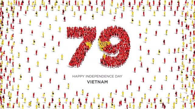 September 2 Happy Independence Day Vietnam Design. A large group of people form to create the number 79 as Vietnam celebrates its 79th Independence Day on the 2nd of September. 4K Video animation.