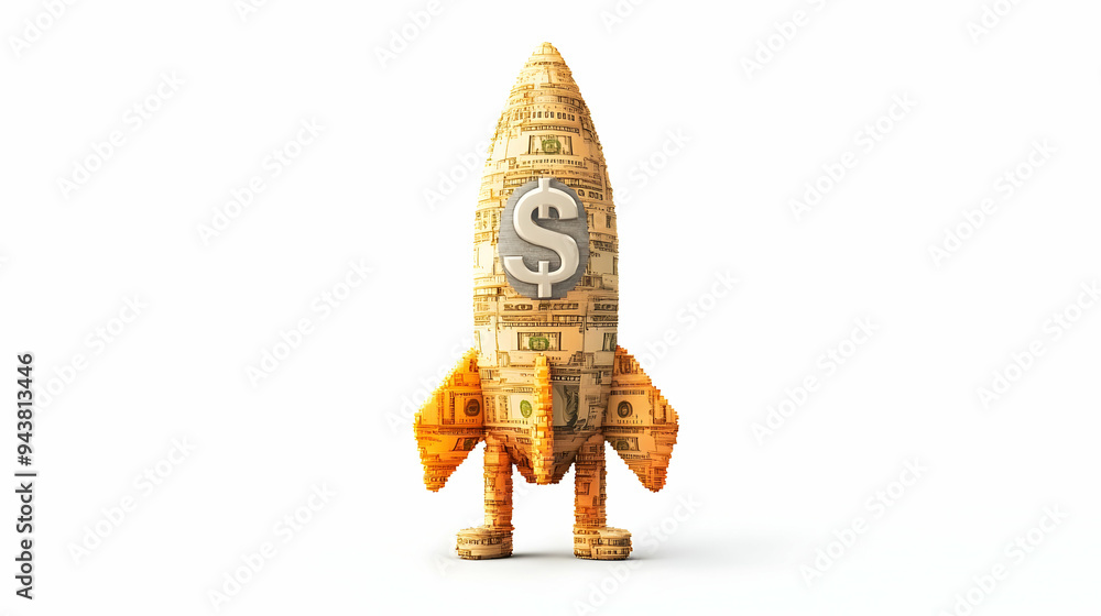 Poster 3d icon person with money rocket concept as a person holding a rocket made of money set against a cl