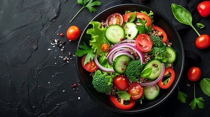 A beautifully arranged quinoa salad with colorful vegetables including bell peppers, cherry tomatoes, cucumbers, and red onions, drizzled with citrus dressing,