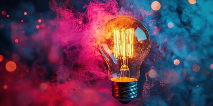 Glowing Lightbulb Surrounded by Pink and Blue Smoke