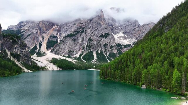 Aerial View of lago di Baries Dolomites Italy