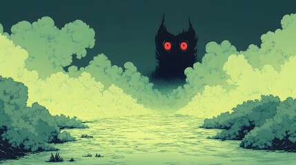 Ominous Red Eyes Lurking in a Misty Swamp Landscape