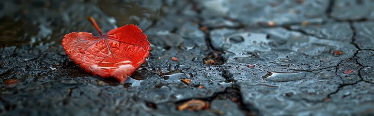 Vibrant Red Leaf on Wet Asphalt Captures Natural Beauty and Contrast