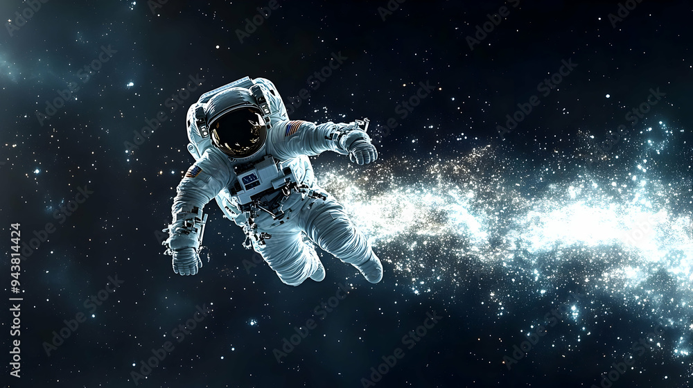 Poster an astronaut floats in space against a starry backdrop.