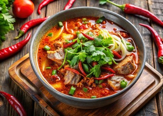 Vibrant pop of color from a sprinkle of red chili flakes on a creamy bowl of spicy pork soup garnished with crispy shallots and cilantro