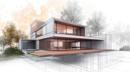 Traditional house sketch architectural concept with 3D rendering illustration