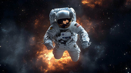 Fototapeta premium An astronaut floats in space with a fiery nebula behind them.