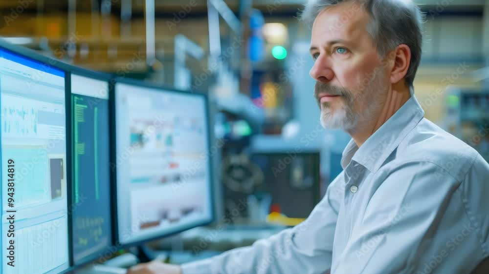Aufkleber Engineer monitoring industrial processes on multiple screens in a high-tech facility. Precision engineering and data analysis in a manufacturing environment 