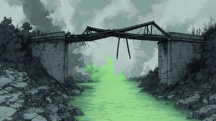 Broken Bridge Sagging Over River with Eerie Green Mist in Gloomy Gray Landscape