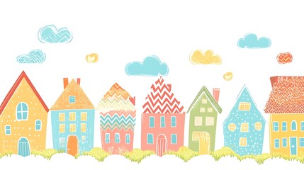 Quirky Colorful Houses with Zigzag and Dot Patterns in a Charming Suburban Scene, Vector Illustration on White Background